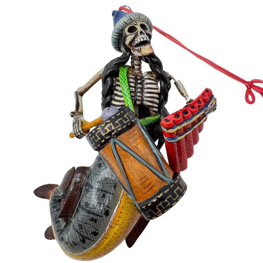 Skeleton Mermaid Ornament Handcrafted Peru 5.5" Folk Art Drum Pan Flute READ